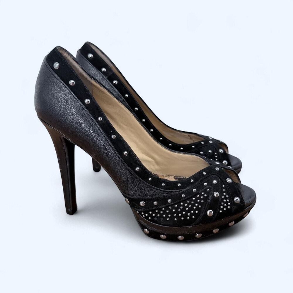 Studded Suede Peep Toe Platform Pumps Silver Micro Stud Spike Stiletto Heels
